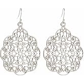 Filigree Hollow Out Geometric Earrings Gold Silver Plated Bohemian Vintage Metallic Cutout Metal Flower Ploral Large Dangle Drop Earrings for Women Boho Style Prom Party Birthday Wedding Jewelry Gifts