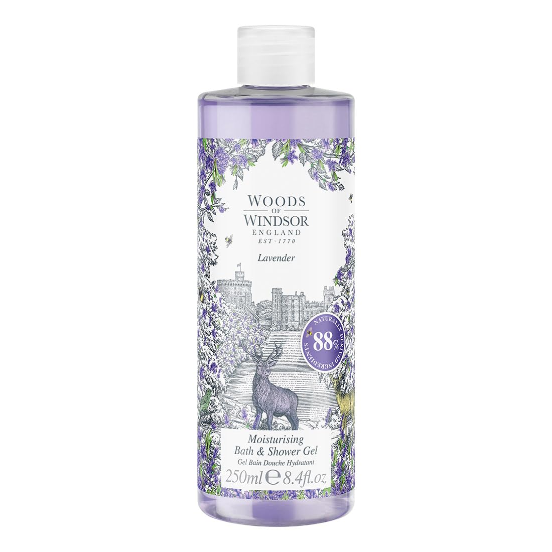 Woods of Windsor Lavender Bath and Shower Gel, Womens Shower Gel with Patchouli Musk and Chamomile, Gentle Cleansing and Moisturising Body Wash with Vitamin E, Lavender 250ml