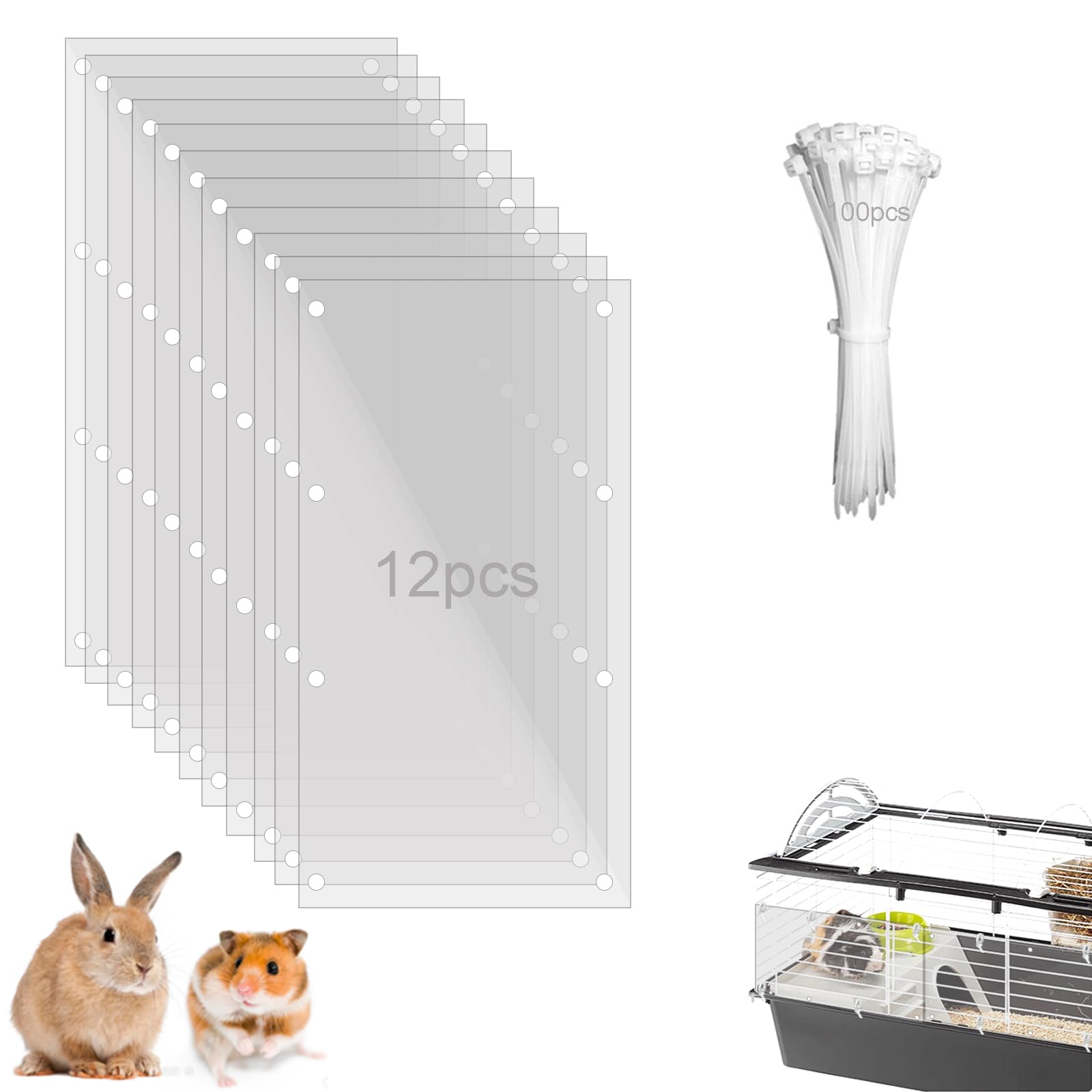 PeSandy Pet Cage Liner Protection, Rabbit Cage Plastic Panels, 12 PCS Cage Urine Guard for Rabbit, Guinea Pig, Hamster, Hedgehog, Chinchilla, Ferret, Bunny - Transparent, 11.8"x5.9"