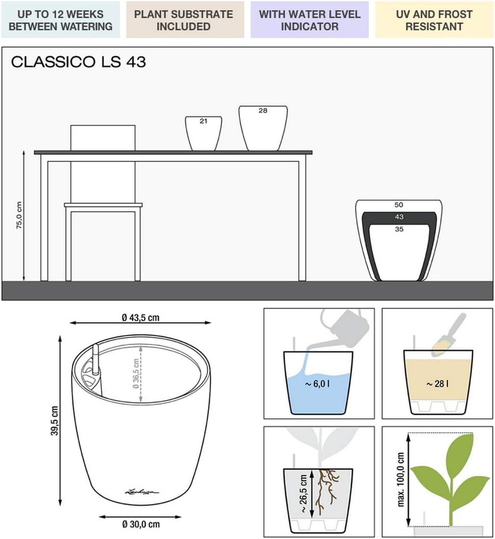 Lechuza Self Watering Plant Pot CLASSICO 43 LS Garden Flower Indoor and Outdoor Plastic Planter with Drainage Hole D43 H40 cm White High-Gloss - Image 3