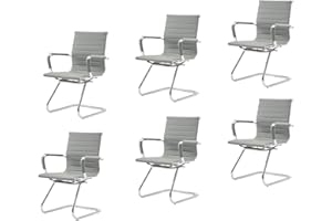 CIMOTA Waiting Room Chairs Leather Office Guest Chair Mid Back Reception Chairs with Sled Base for Meeting/Patient/Conference Room, Grey Set of 6