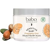 Babo Botanicals Sensitive Baby Fragrance-Free Diaper Cream - 25% Natural Zinc Oxide - Calendula, Shea & Cocoa Butter - EWG Verified - Vegan- from Birth on - 6 Ounce Jar
