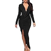 YMDUCH Women's Elegant Deep V Neck Long Sleeve Ruched Bodycon Split Party Maxi Dress