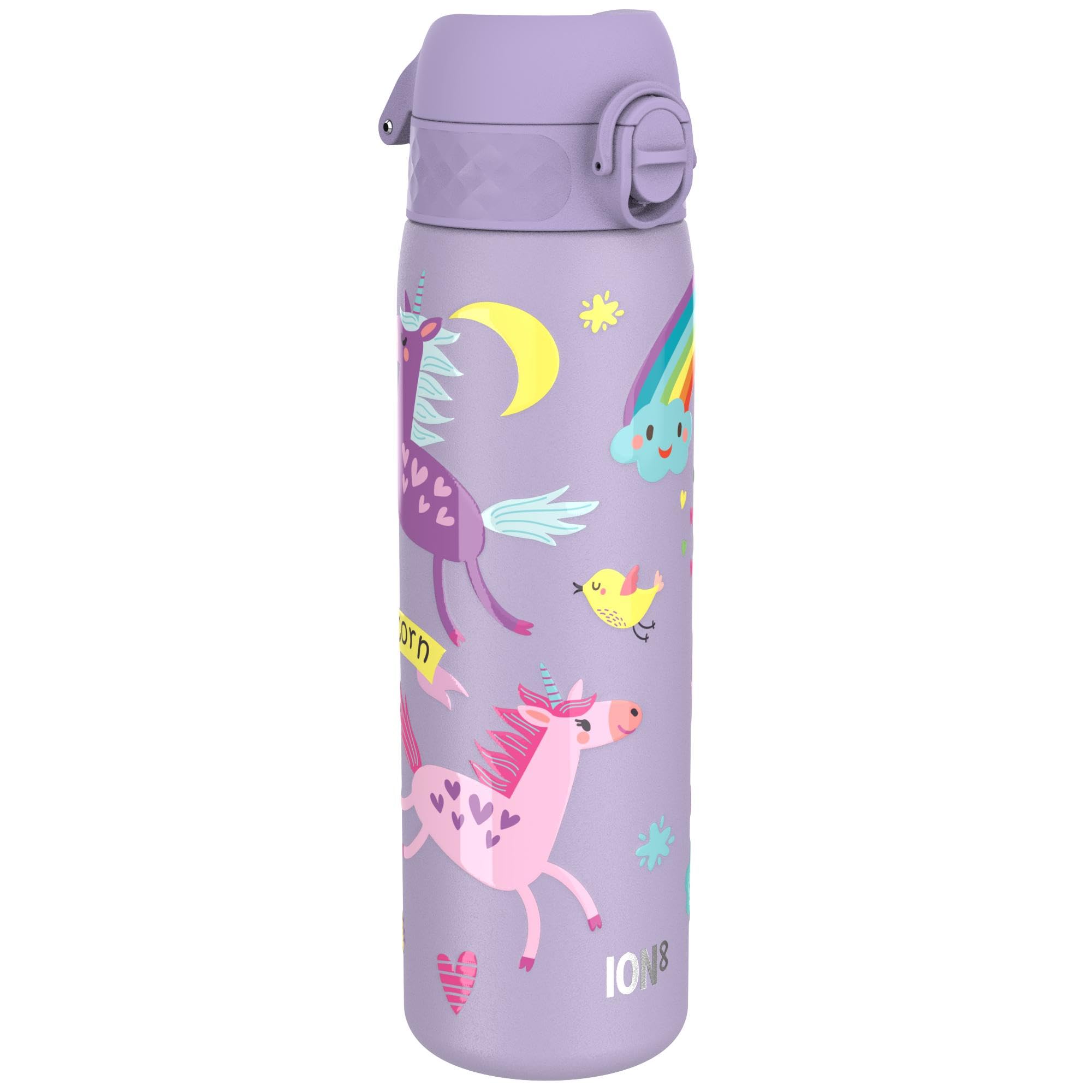 ION8 Lightweight Steel Water Bottle, 600 ml/20 oz, Non-Insulated, Leak Proof, Easy to Open, Secure Lock, Dishwasher Safe, Flip Cover, Fits Cup Holders, Carry Handle, Metal Water Bottle,Purple Unicorns