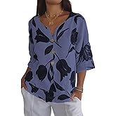 Chicyoo Womens 3/4 Length Sleeve Tops Dressy Casual V Neck Boho Floral Print Summer Blouses Shirts