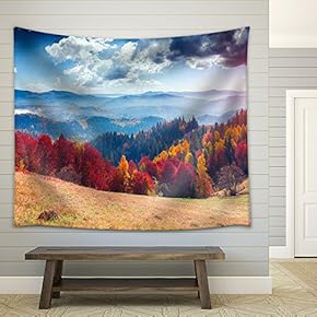 Colorful Autumn Landscape in The Mountain Village - Fabric Wall Tapestry Home Decor - 51x60 inches