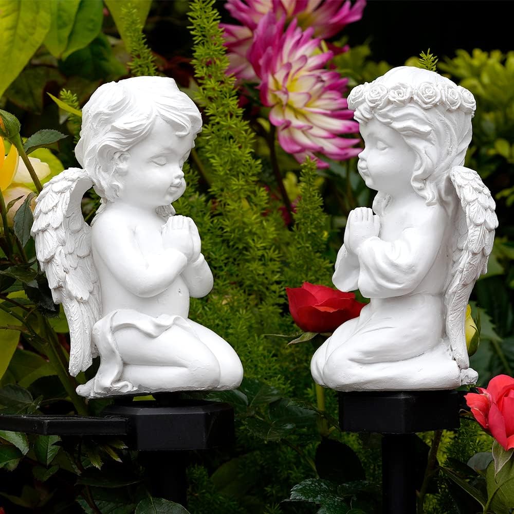 Decorative Garden Stakes - VKEVOC 2 Pack Solar Angel Outdoor Garden Décor Statues,Garden Angel Solar Lights Stake, Baby Angel Figurine Gifts for Mom Grandma or Cemetery Decorations for Grave Garden Memorial Ornament