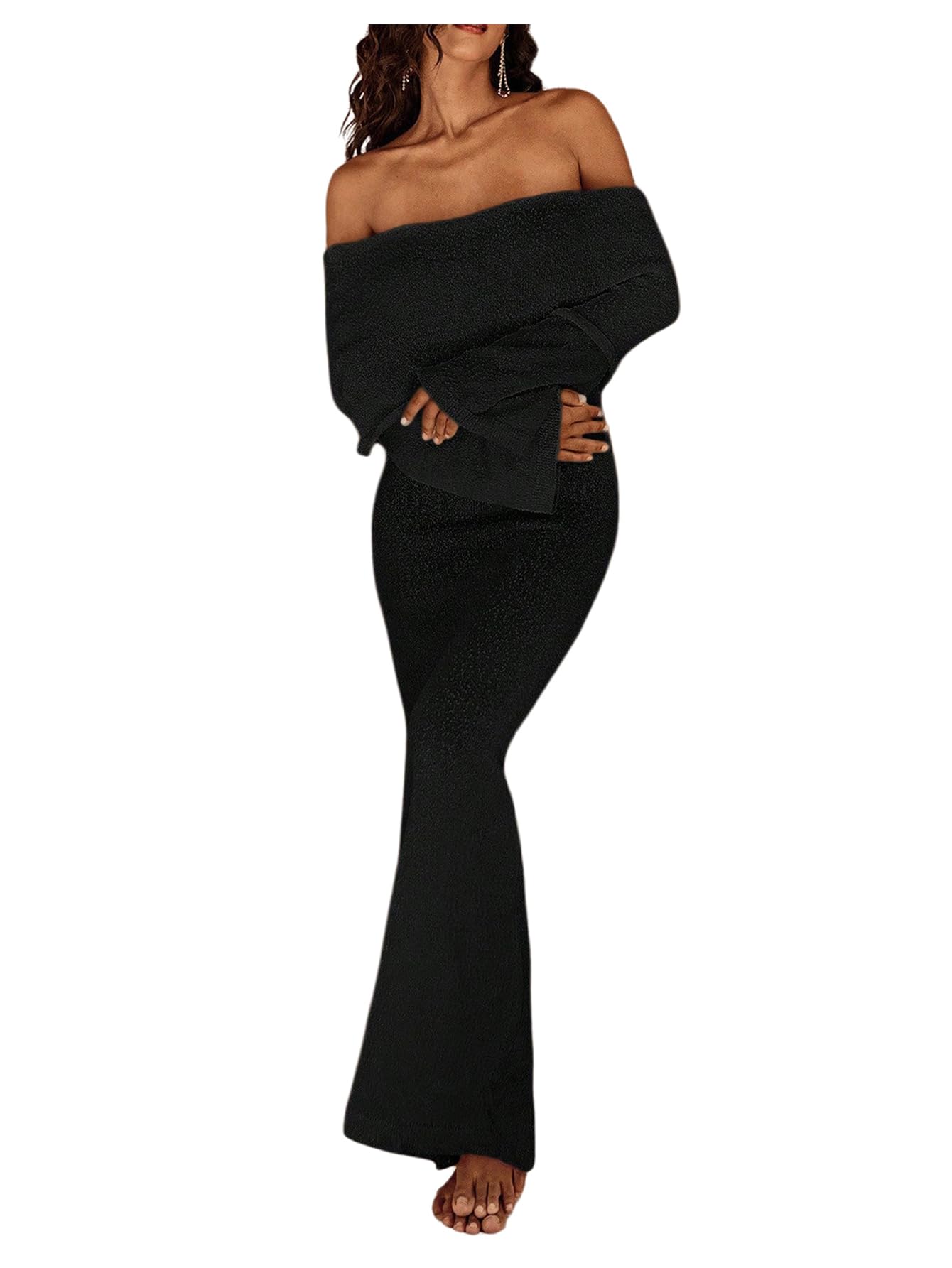 Photo 1 of SOLY HUX Women's Off The Shoulder Long Sleeve Sweater Dress Party Formal Bodycon Maxi Dresses Plain Black Large