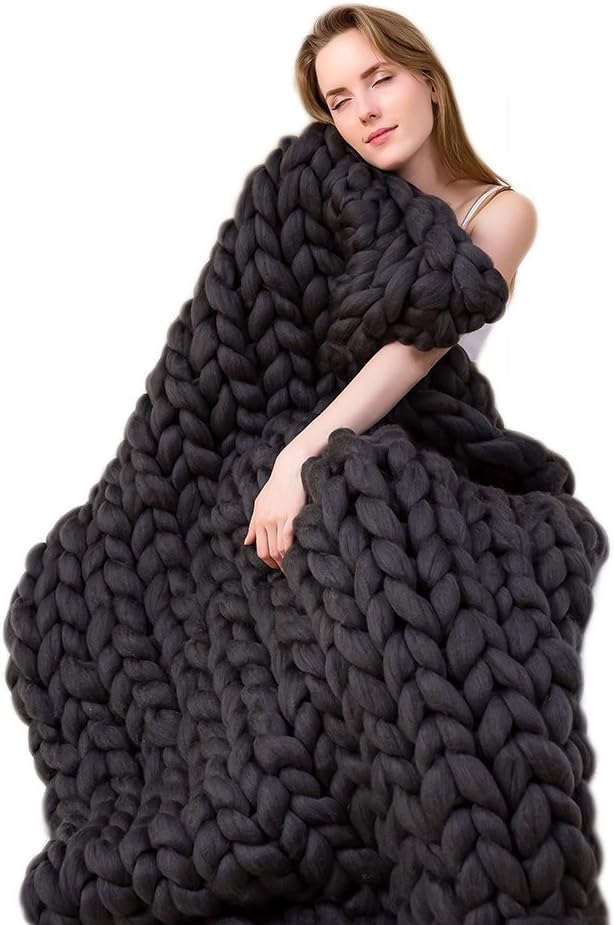 incarpo Chunky Knit Blanket Handwoven Wool Yarn Knitting Throw Bed Sofa Super Warm Home Decor Black 60"x80"