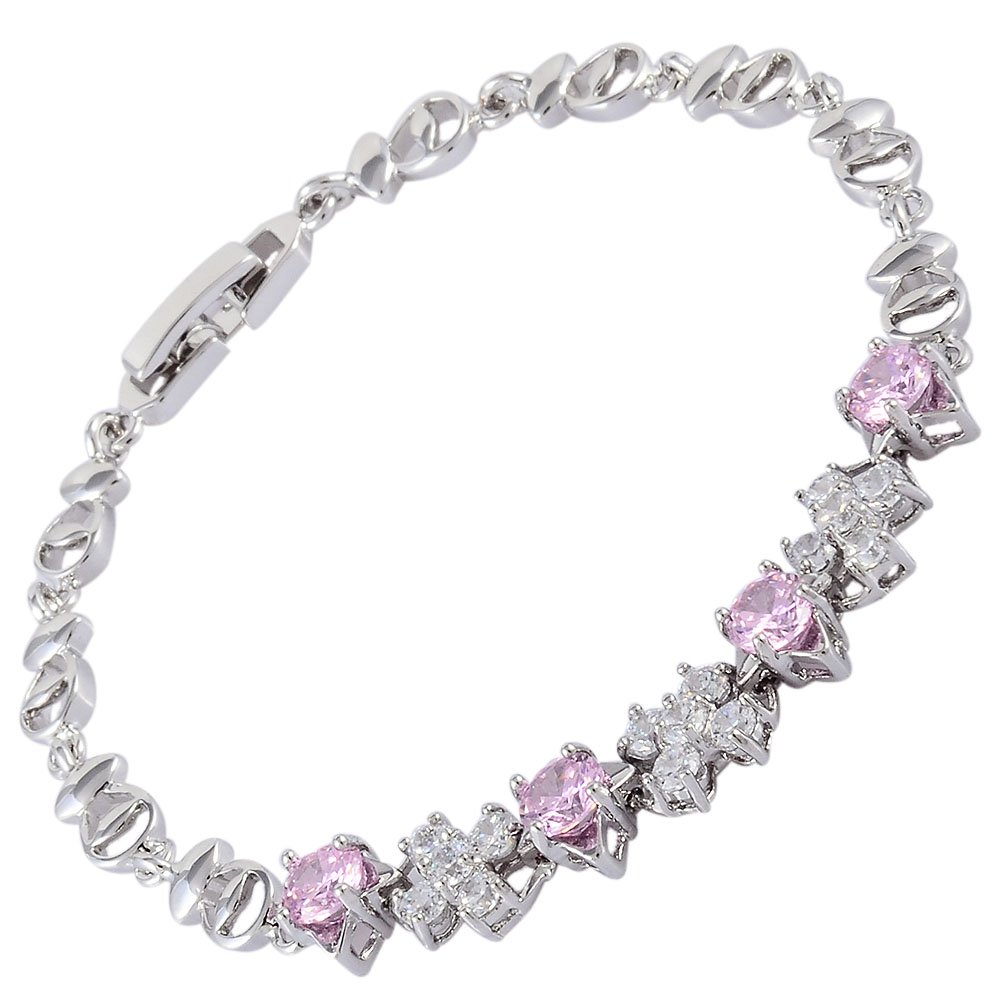 RIZILIA Tennis Bracelet [18cm/7inch] with Round Cut Gemstones CZ [Pink Sapphire] in 18K White Gold Plated, Simple Modern Elegance