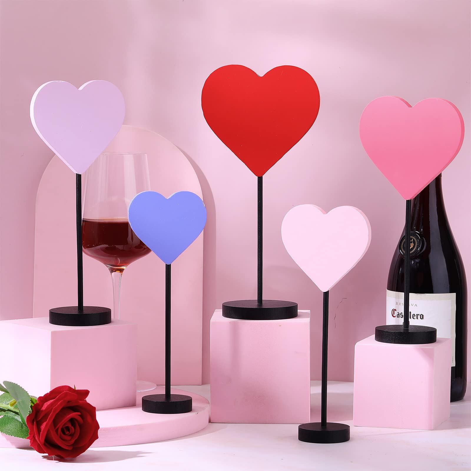 Photo 1 of 5 Pieces Valentine's Day Wood Heart Tabletop Decor Heart Tall Standing Wood Block Sign Set Heart Table Centerpiece Farmhouse Valentine's Day Ornaments for Wedding Table Photo Props Home(Solid)