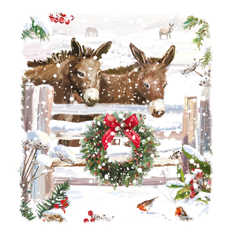 Contemporary Snow Scenes Festive Art Charity Christmas and New Year Cards - Eco-Friendly - Pack of 6 (Donkey Friends)