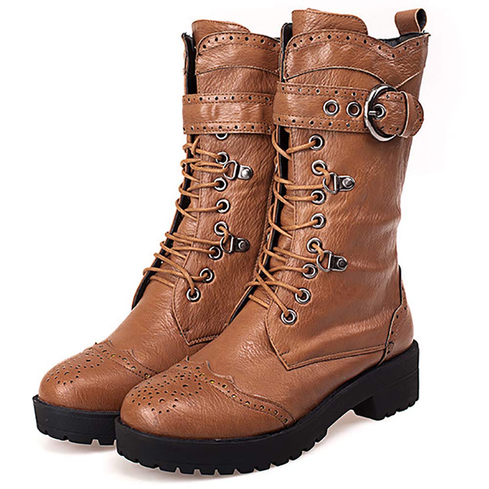 Odema Womens Round Toe Military Lace Up Low Heel Mid Calf Combat Boot - Image 4