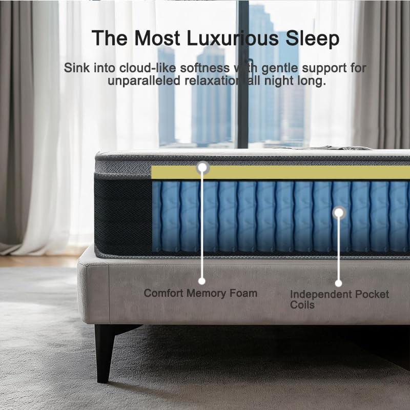 Queen Size Mattress, 10 Inch Queen Bed Mattress in a Box, Pocketed Coil Mattresses, Soft & Hotel-Quality, 60x80 Inch, Single Person Movable