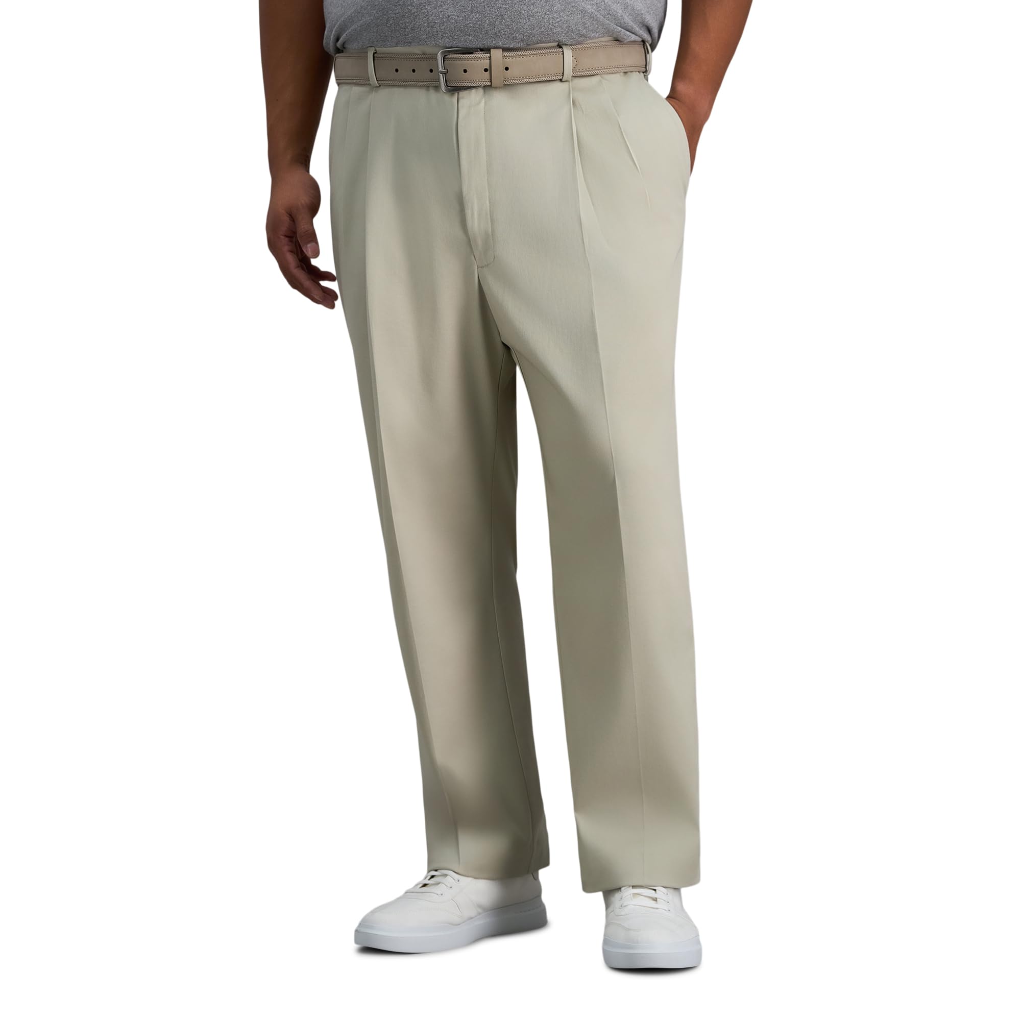 Haggar Men's Iron Free Premium Khaki Classic Fit Pleat Front Expandable Waist Casual Pant (Regular and Big & Tall Sizes), Sand Image Haggar Men's Iron Free Premium Khaki Classic Fit Pleat Front Expandable Waist Casual Pant (Regular and Big & Tall Sizes), Sand Image