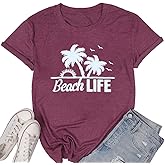 Beach Shirt Women Beach Life Graphic T Shirt Short Sleeve Fun Hawaiian Shirts Coconut Tree Casual Summer Vacation Tees Top ﻿