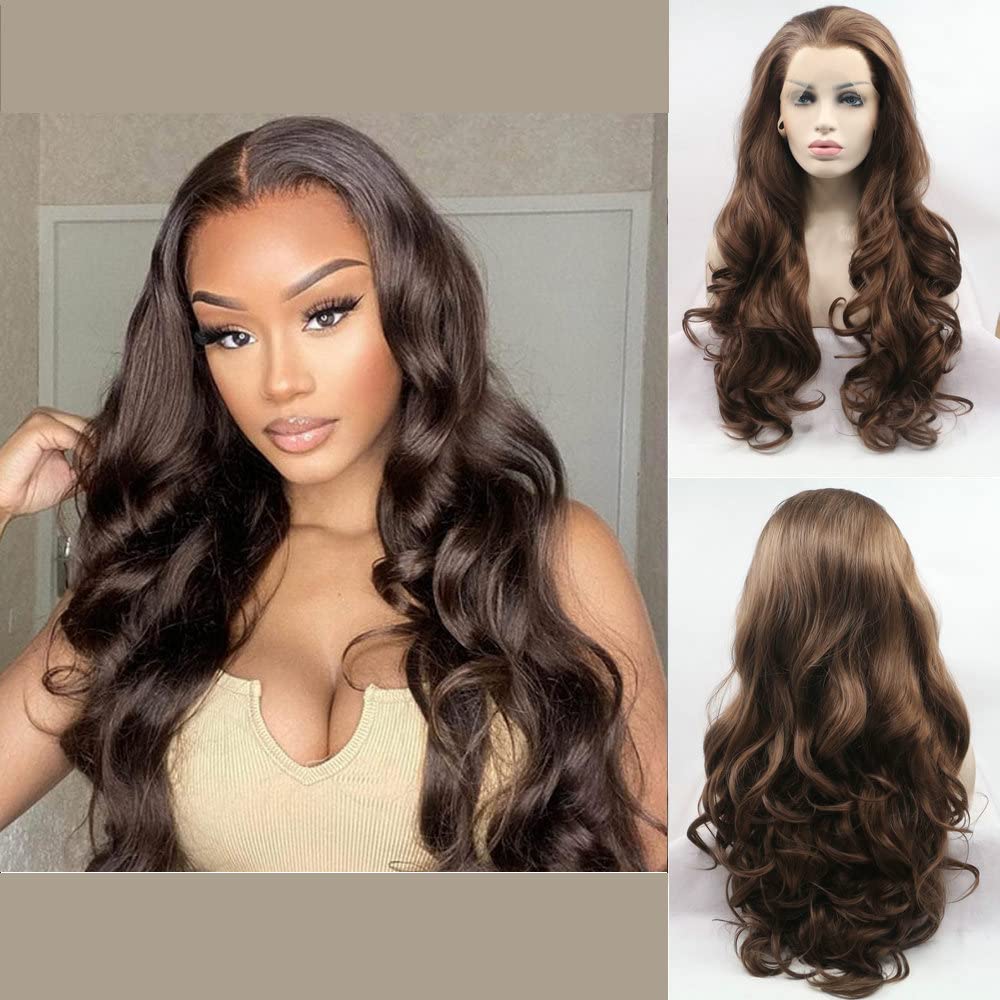 Pre Plucked Hairline Long Wig Body Wave Heat Resistant Fiber Natural Colors Synthetic Lace Front Wigs for Women Natural Looking Replacement Wig Daily Cosplay Party Drag Queen 24" (Dark Brown 6#)