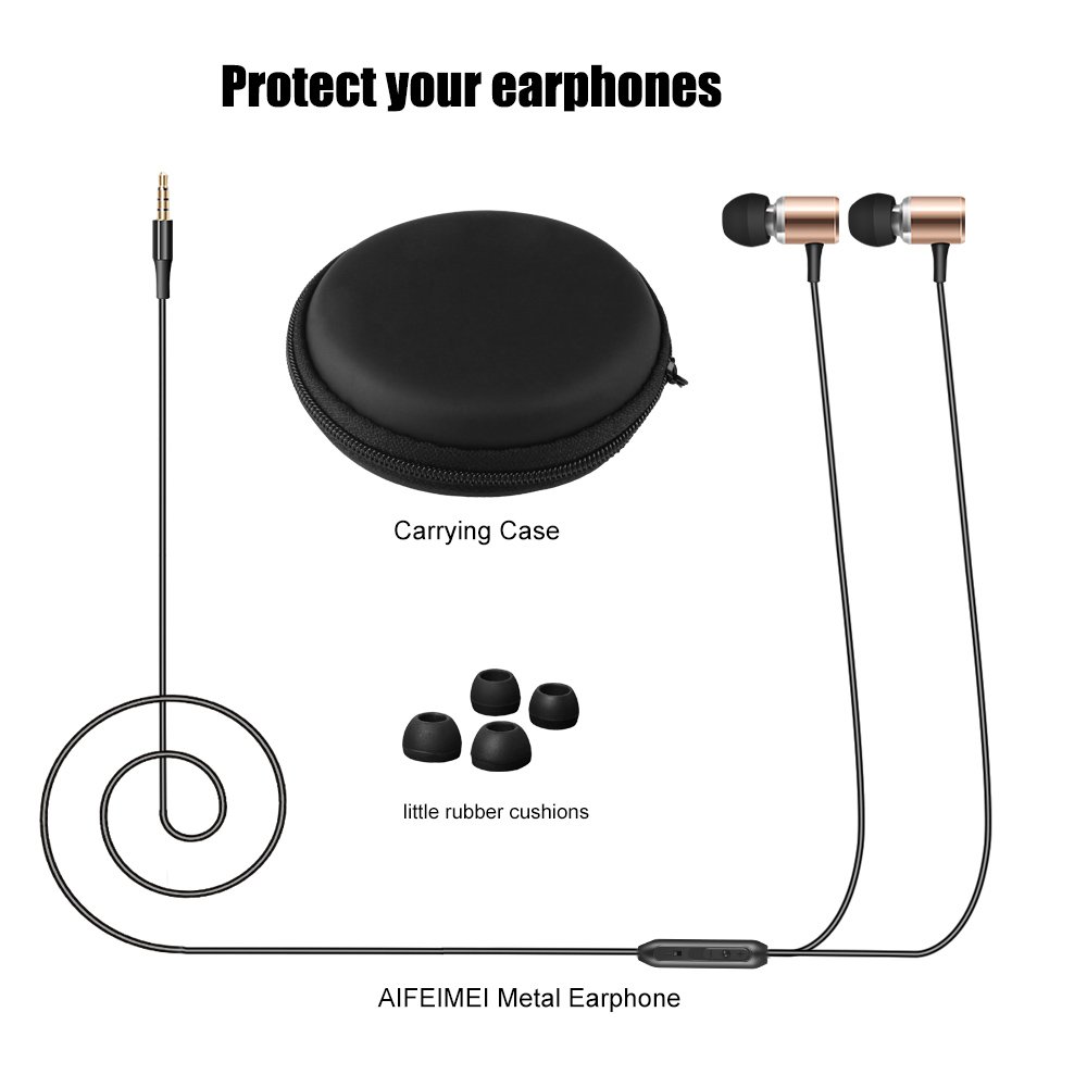 Wired Metal Earphones AIFEIMEI In-ear Heavy Bass Stereo Earbuds Headphones Volume Control with Microphone Headset Sport Gym Running for iPhone iOS/Android 3.5mm jack +Carrying Case (GOLD)