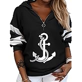 WDIRARA Women's Plus Size Anchor Graphic Print Long Sleeve Sweatshirt Half Zip Color Block Drop Shoulder Hoodie