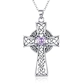 Tiehuoxia Cross Necklace for Women Sterling Silver Religious Christian Celtic Knot Purple Birthstone Pendant Jewelry Baptism Gifts for Men Mom Wife Friends Daughter