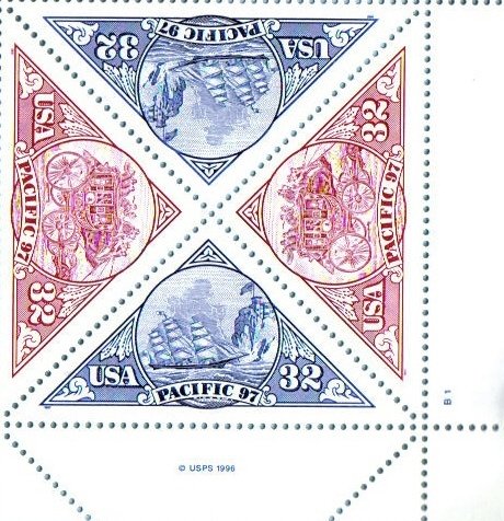 1997 STAGECOACH/SHIP PACIFIC 97 #3131a Plate Block of 4 x 32 cents US Postage Stamps