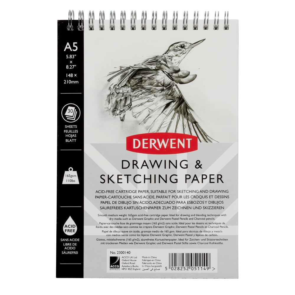 Derwent Sketch Pad A5 Portrait, Drawing & Writing, 30 Sheets, Acid-Free Paper, Wirebound Spine, Professional Quality, 2300140