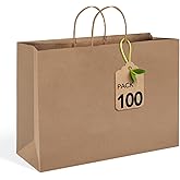 MESHA Large Brown Paper Bags with Handles 16x6x12 Inch 100 Pack Gift Shopping Bags Craft Kraft Bag Bulk for Shopping Birthday Party Favor Grocery Retail Merchandise Wedding(Made in USA)