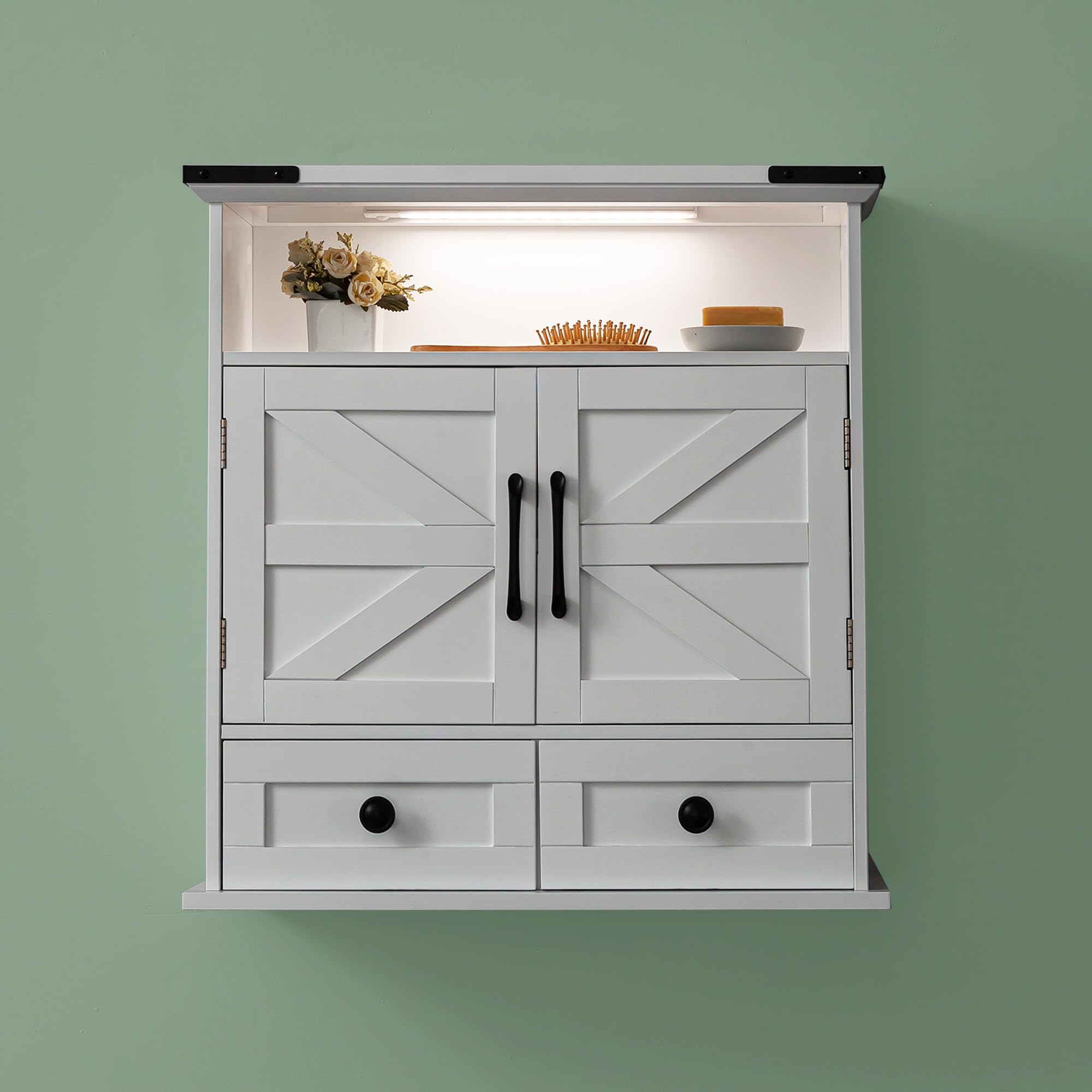 Photo 1 of ***STOCK IMAGE FOR REFERENCE*** Bathroom Wall Cabinet, 23x25 Inch Farmhouse Medicine Cabinet Over Toilet with Drawer 2 Doors, Motion Lighting & Adjustable Shelves, White Above Toilet Storage for Laundry, Kitchen