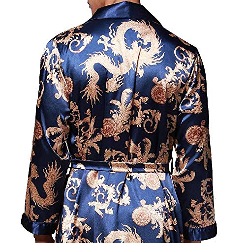 VERNASSA Mens Satin Robe Silk Long Sleeve Kimono Bathrobe Sleepwear Loungewear Royal Blue