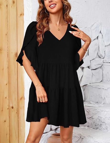 SEBOWEL WOMEN CASUAL SHORT SLEEVE V NECK PLEATED RUFFLE SHORT TIERED DRESS FLOWY MINI PARTY DRESS LOOSE SWING DRESS, BLACK, L