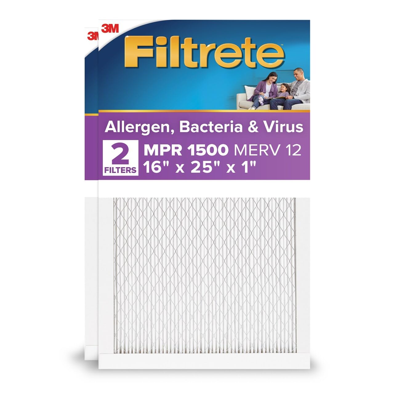 Filtrete 16x25x1 Air Filter, MERV 12, MPR 1500, Allergens, Bacteria & Viruses, 3-Month AC and Furnace Filters, Cleaner Air, Reliable Airflow, 2 HVAC Filters (Actual Size 15.62 x 24.62 x 0.78 in)