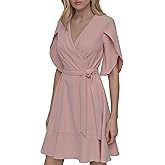 DKNY Womens Tulip Sleeve Scuba Crepe Faux Wrap Dress