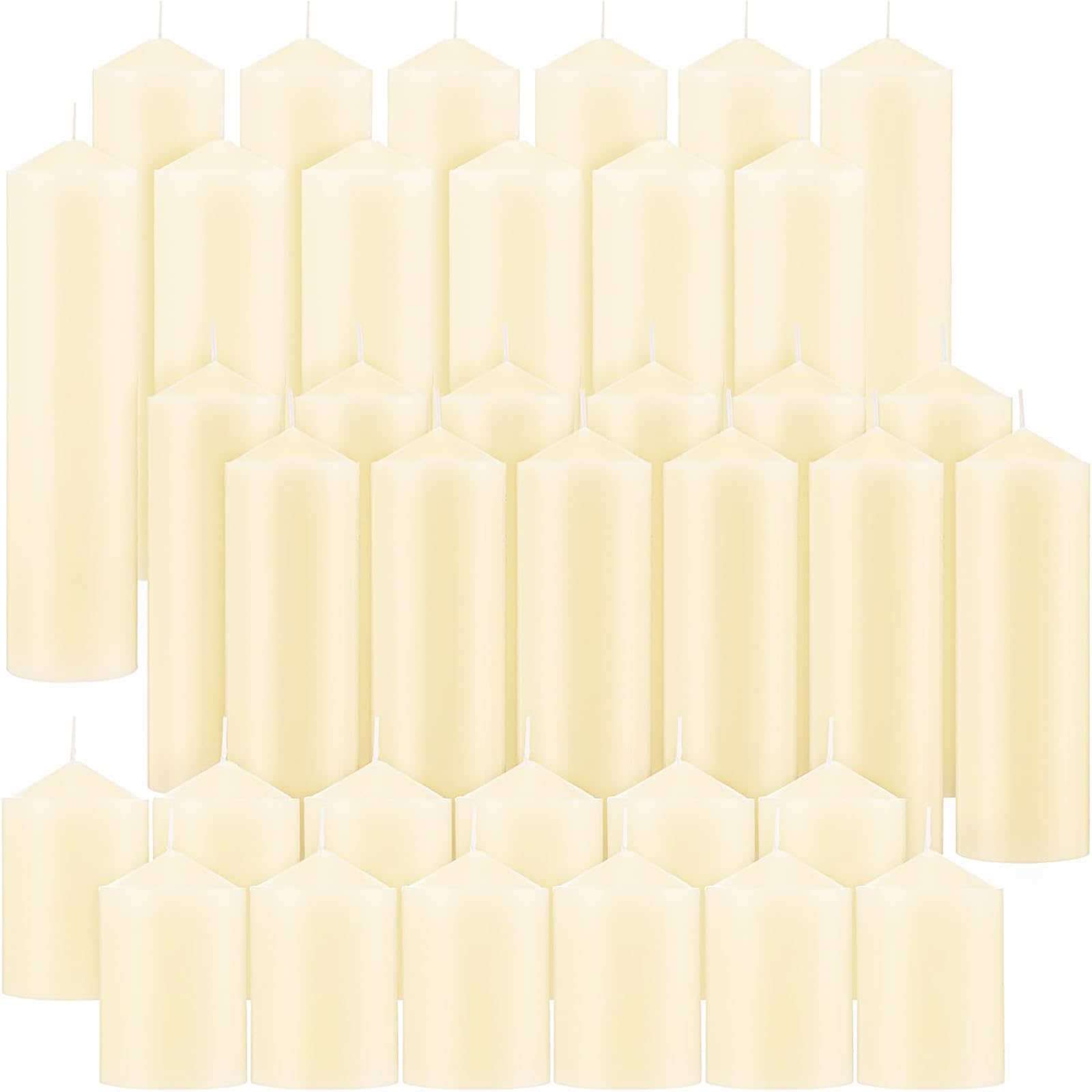 Photo 1 of Veiuwa 36 Pcs Ivory Pillar Candles Bulk Set?Hurricane Candles?3 Different Lengths (12 Each)?Dripless Unscented Smokeless?Gives You a Better Atmosphere When Organizing Wedding or Event Party.