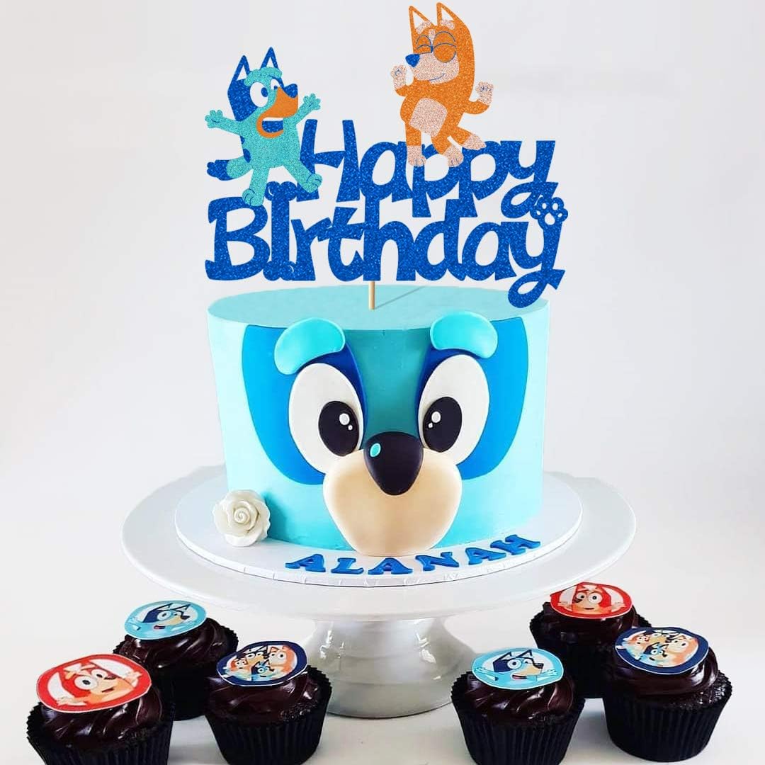 6 7 X 5 59 Glitter Happy Birthday Cake Topper For Bluey And Bingo Themed Party Decoration Glorymoment Bluey Birthday Cake Topper Kids Boys Girls Birthday Party Party Supplies Com Cake Cupcake Toppers