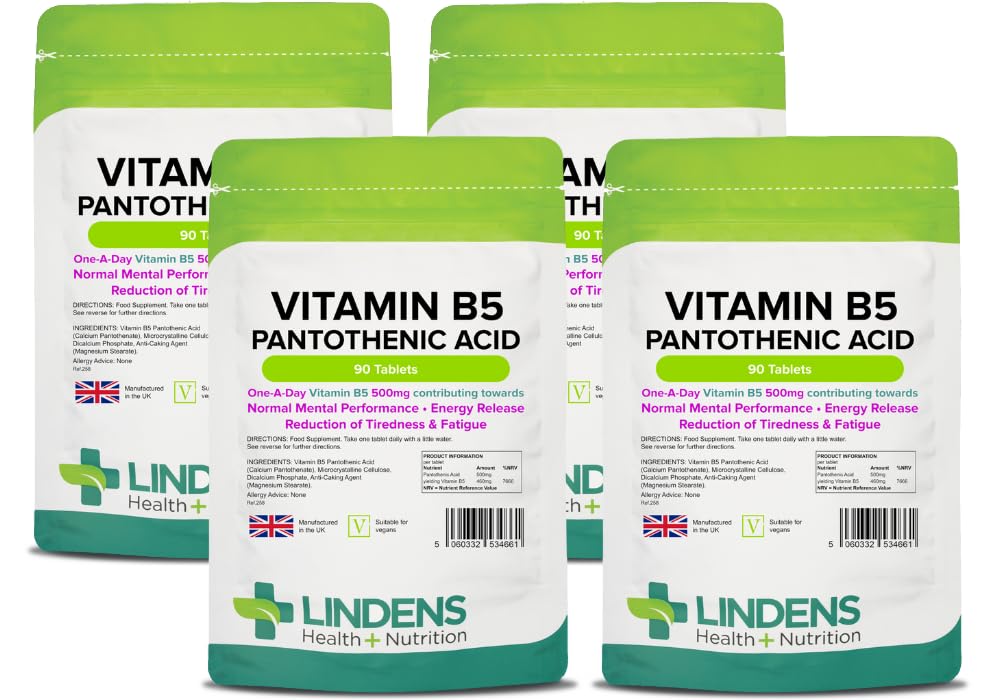 Lindens - Vitamin B5 Pantothenic Acid 500mg, 360 Tablets - 7666% NRV Dose, Contributes to Mental Performance, Metabolism & Reduction of Tiredness - UK Made, (90 Pack x 4)