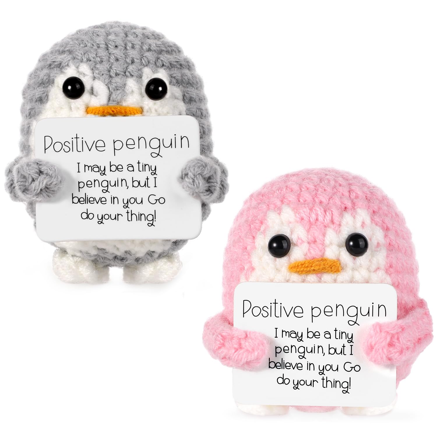lasuroa 2pcs Funny Positive Penguin, 2.6 Inch Knitted Penguin Toy with Positive Card Positive Life Potato Positive Penguin Crochet Gift for Family Friends Home Decor (Gray, Pink)