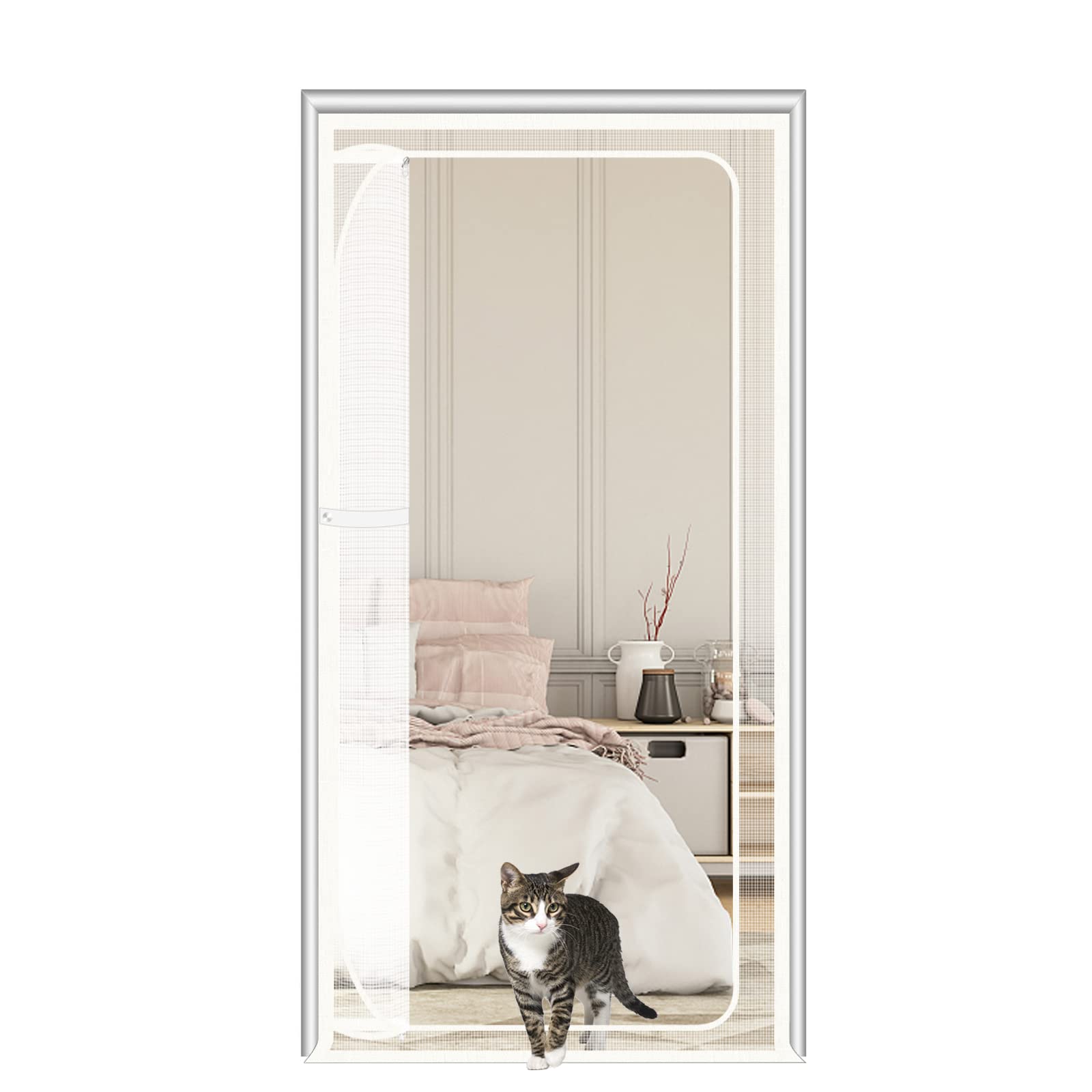 SHRRL Cat Door Screen Fits Door Size 90cmx200cm, Thickened Cat Resistant Mesh Screen Door for Living Room, Bedroom, Kitchen, Patio, Dog Cat Scratch Proof Screen with Zipper Closure