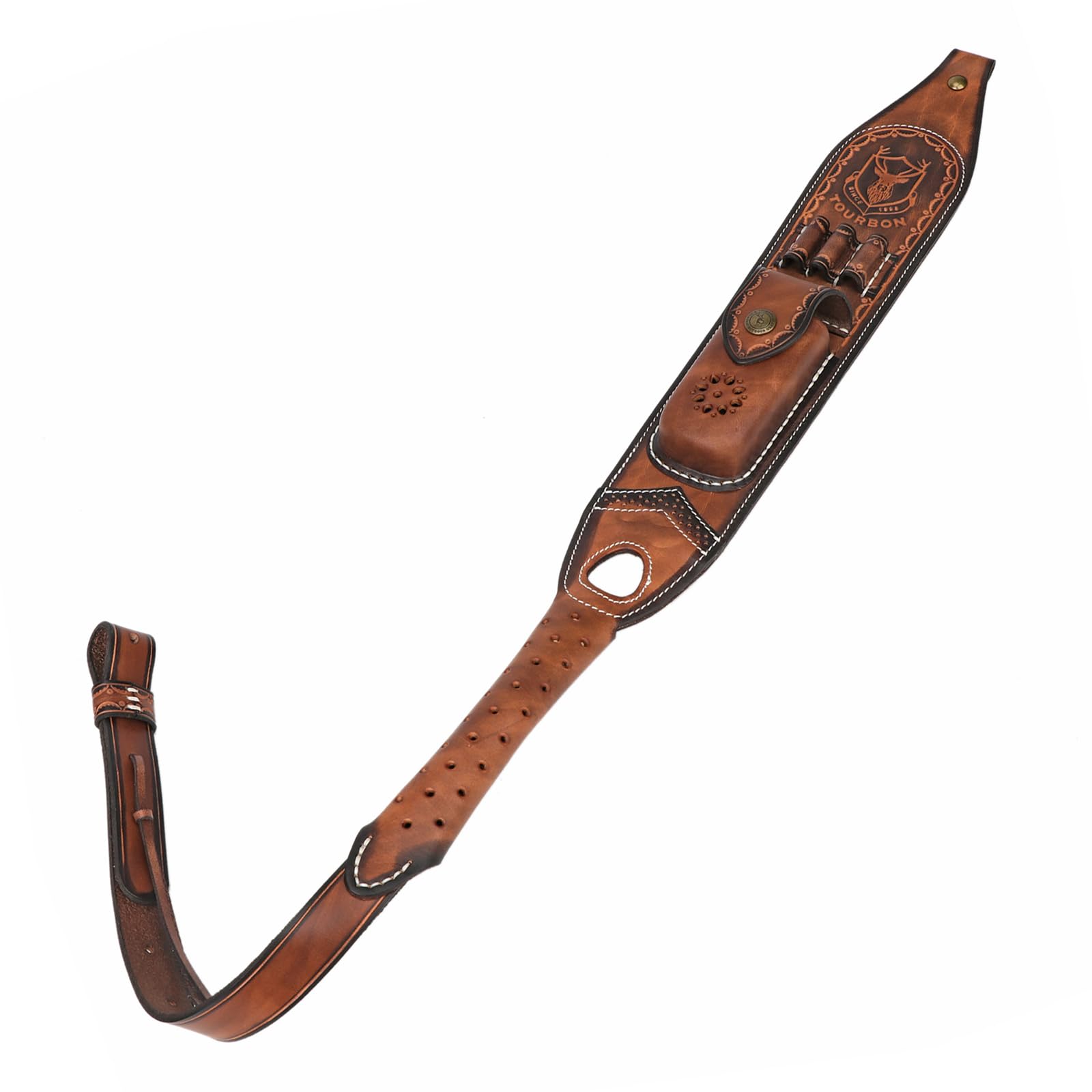 Tourbn Cowhide Leather Gun Sling Padded Shoulder Strap with Rifle Ammo Holder Pouch