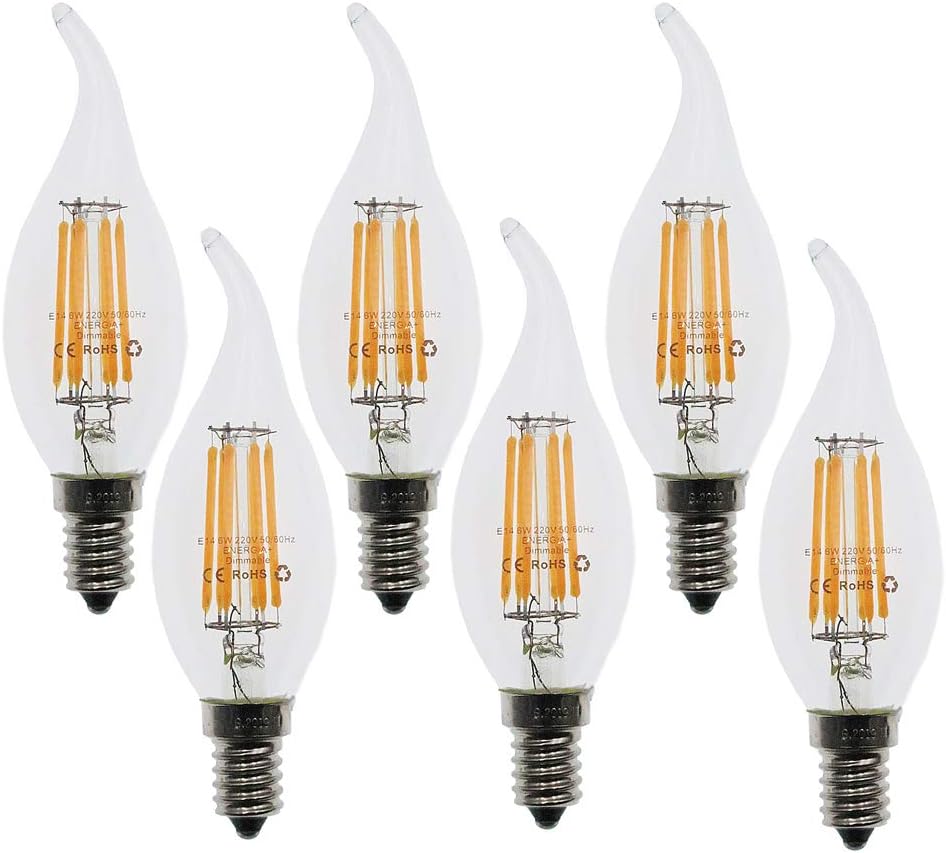 HUAMu E14 6W Dimmable LED Filament Candle Light Bulb, 60W Incandescent Replacement, 2700K Warm White, 600LM