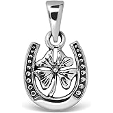 WithLoveSilver 925 Sterling Silver Horseshoe with Four Leaf Lucky Clover Good Luck Pendant