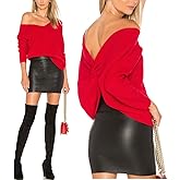 ALENDA DANMOS Women V Neck Criss Cross Twisted Back Sweater Long Batwing Sleeves Cropped Top Off Shoulder Pullovers