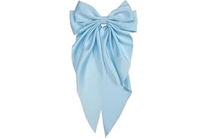 Light Blue Satin Hair Bow Barrette, Large French Metal Bowknot Hairpin with Long Tails, Hair Accessory