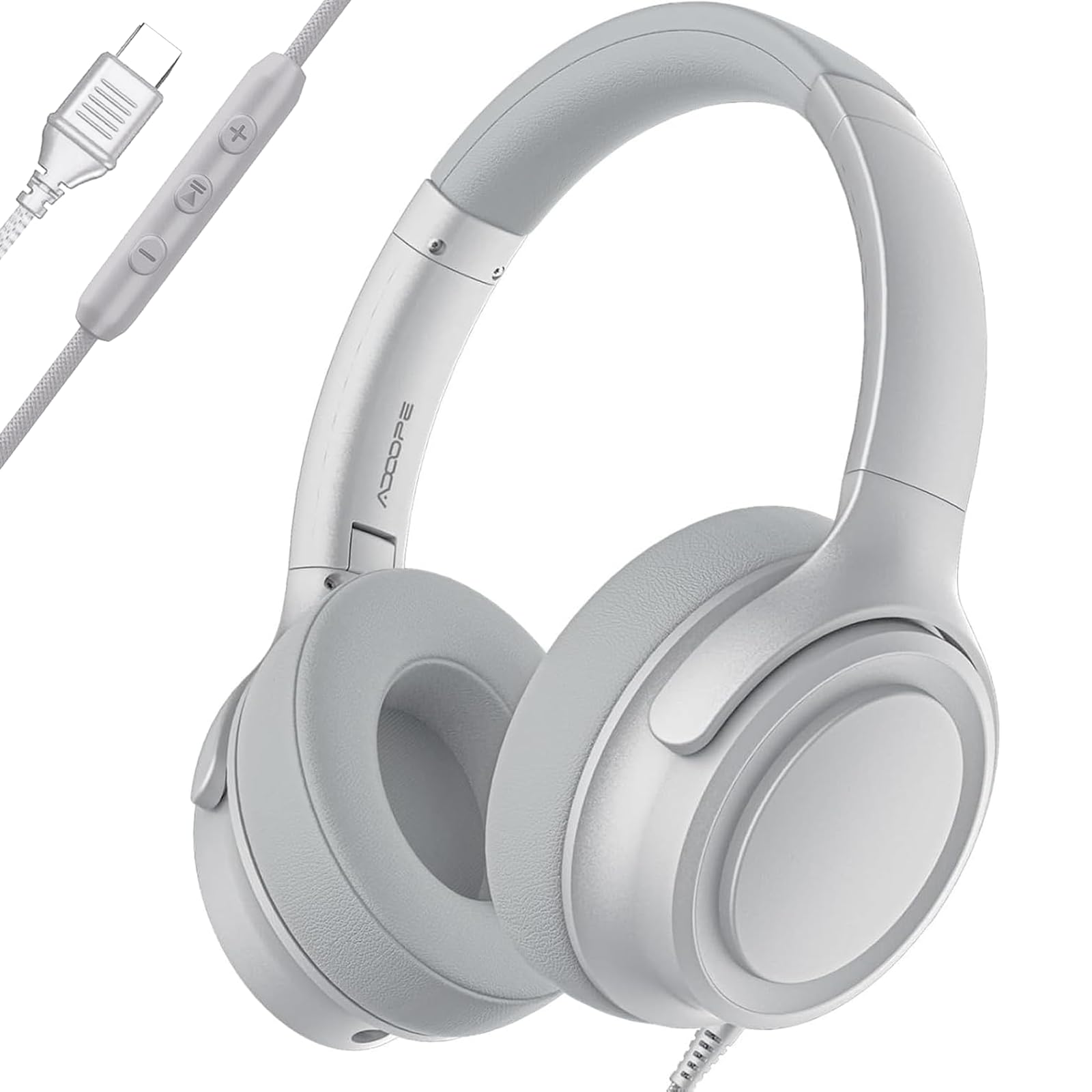 ADOOPE Wired Over-Ear Headphones with USB C Connector, Hi-Fi Stereo Sound, Noise-Isolating Ear Cups, Comfortable Fit for USB C Devices (Silver, No Bag)