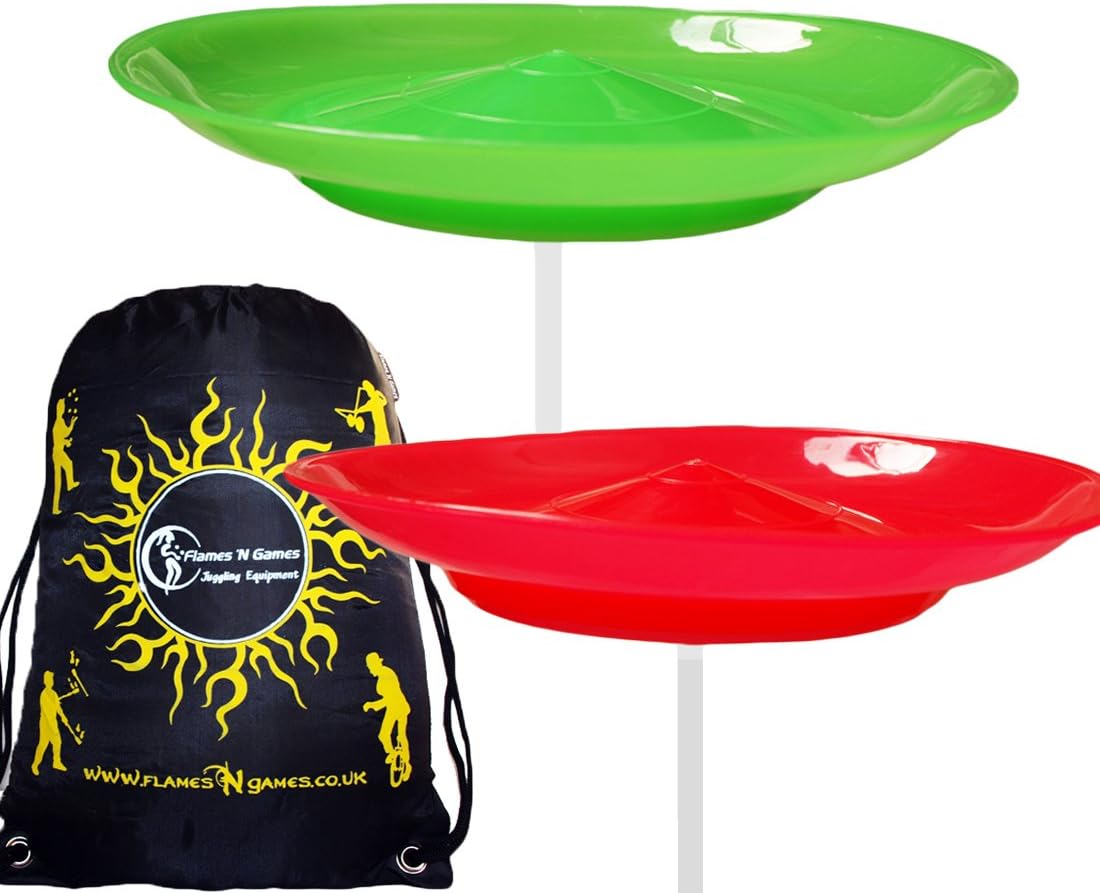 2X Spinning Plate Set (Green/Red) Classic Circus Spinning Plates + 2-Piece Plastic Sticks + Flames N Games Travel Bag! Great Fun for Kids & Adults.