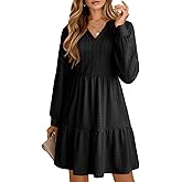 Dokotoo Fall Dresses for Women 2025 Long Sleeve V Neck Textured Casual Lightweight Tiered Ruffle A-Line Mini Babydoll Dress
