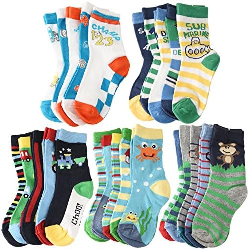 5-Pack Cotton Breathable Crew Socks Assorted Designs Fashion Soft Cute Animal/Car/Ufo/Cartoon/Stripes/Star Football print Footsocks sneakers socks Toddler Boys Girls Kids (5-7 Years, assort_3)