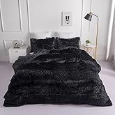 chovy Faux Fur Plush Black Comforter Sets King - Ultra Soft Shaggy Flannel Velvet Fluffy Fuzzy 3PC Bedding Set (Comforter x 1 Pillowcases x 2)