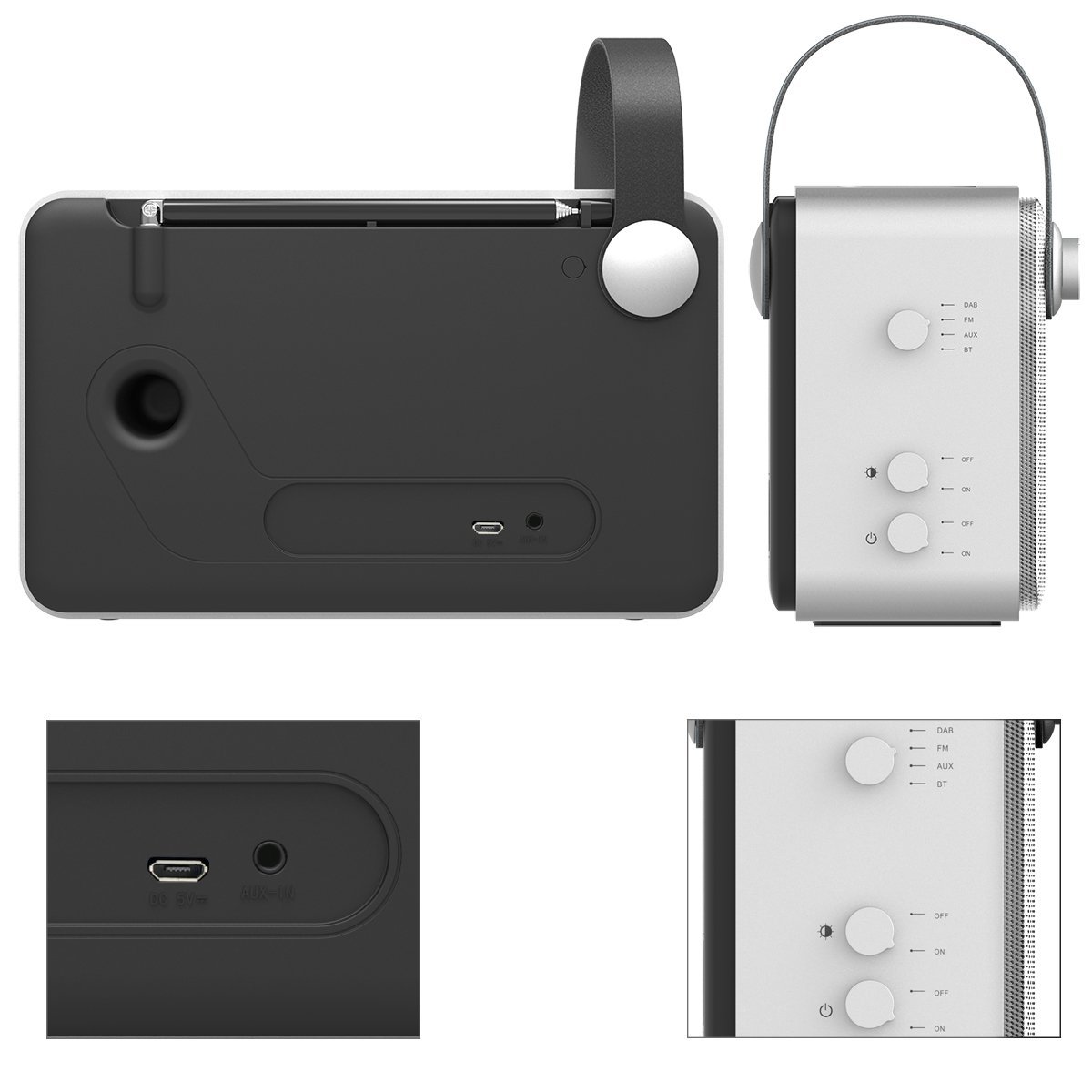 1byone DAB / FM Bluetooth Radio, Radio digital portátil con el despertador / FM / Pantalla LCD / 3.5mm Aux-in ,color plata & gris