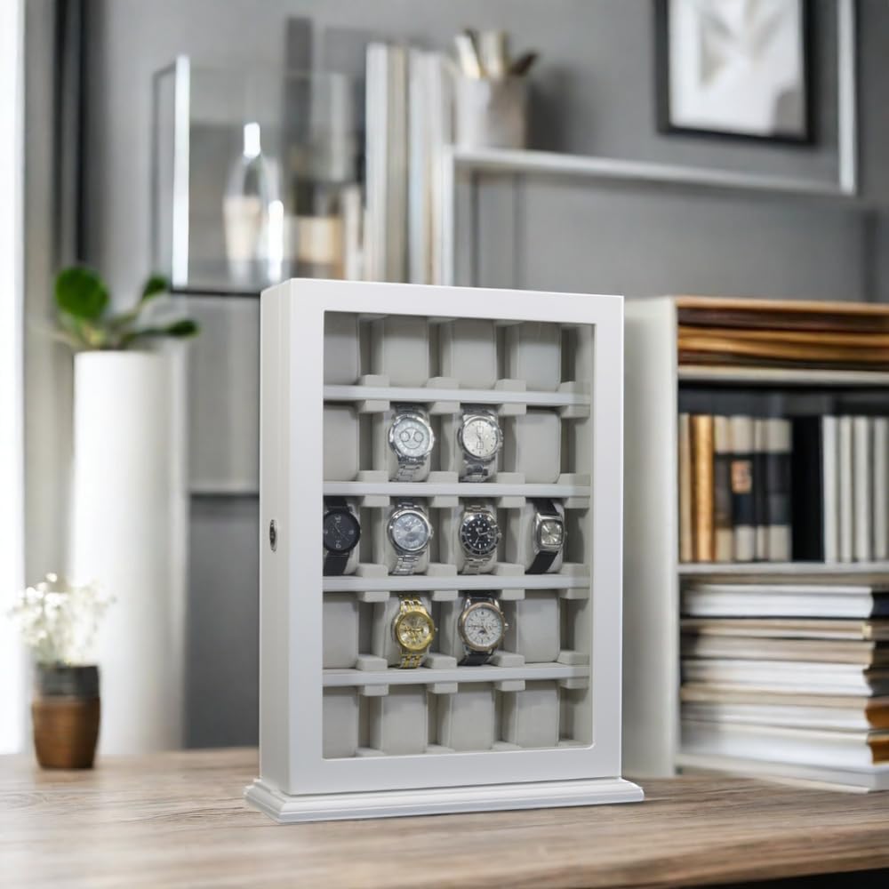 TIMELYBUYS Personalized 20 Slot White Wood Watch Display Wall Hanging Case and Storage Organizer Box and Stand for Oversized Watches