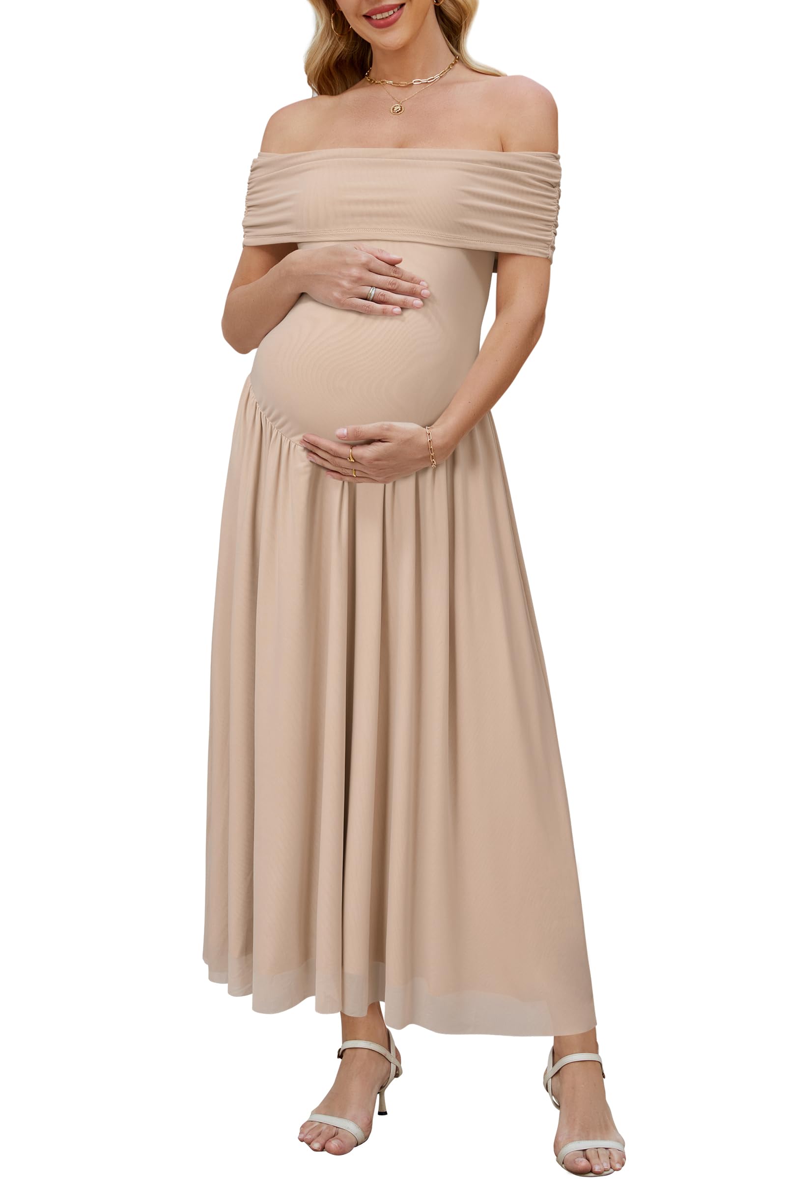 Photo 1 of OUGES Women's 2025 Summer Spring Off The Shoulder Mesh Maxi Maternity Baby Shower Dresses for Photoshoot Wedding Guest Sleeveless Formal Pleated Long Pregnancy Must Have Clothes(Dark Apricot,L)